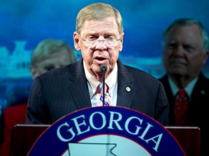 Sen Johnny Isakson, R-Ga. gestures as he gives his victory speech Tuesday, Nov. 8, 2016,