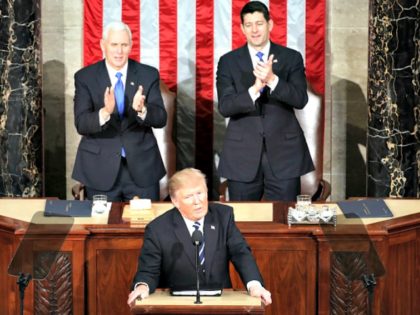 U.S. President Donald Trump addresses a joint session of the U.S. Congress on February 28, 2017 in the House chamber of the U.S. Capitol in Washington, DC. Trump's first address to Congress focused on national security, tax and regulatory reform, the economy, and healthcare.