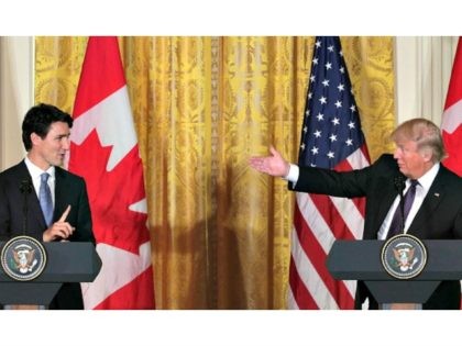 WASHINGTON, DC - FEBRUARY 13: U.S. President Donald Trump (R) and Canadian Prime Minister