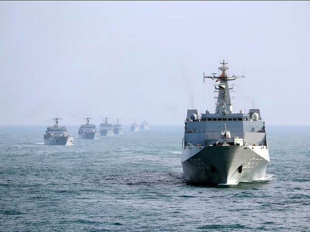 UNSPECIFIED, CHINA - FEBRUARY UNDATED: Landing ships of the People's Liberation Army Navy's South Sea Fleet drill in mid-February, 2017 in China. 10 landing ships of the PLA South Sea Fleet practise formation movement, formation defense, live fire of naval gun, joint search and rescue, simulated replenishment, air cushion getting …