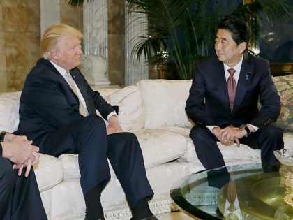 This handout picture, released by Japan's Cabinet Secretariat on November 18, 2016 shows Japanese Prime Minister Shinzo Abe (R) in a meeting with US president-elect Donald Trump (L) in New York. Abe voiced confidence on November 17 about Trump as he became the first foreign leader to meet the US …
