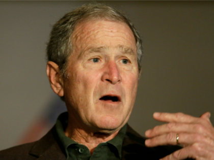 Former President George W Bush speaks during a preview of an exhibition of his paintings o