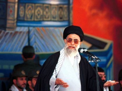Iranian supreme leader Ayatollah Ali Khamenei addresses 110,000 Basij forces (volunteers) in Tehran, Iran Friday, Oct. 20, 2000, against a backdrop depicting Jerusalem's al Aqsa mosque. Khamenei said Friday that getting rid of Israel was the only permanent solution for the Middle East crisis and that Palestinians could only liberate …