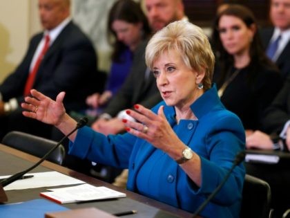 Small Business Administration Administrator-designate, former wrestling entertainment executive, Linda McMahon testifies on Capitol Hill in Washington, Tuesday, jan. 24, 2017, at her confirmation hearing before the Senate Small Business and Entrepreneurship Committee. (AP Photo/Alex Brandon)