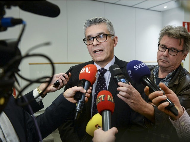 Anders Thornberg, head of Swedish Security Service (SAPO) talks to journalists during a press meeting at the Sapo headquarters in Stockholm, Sweden, on November 18, 2015. Swedish police were hunting Wednesday for a man wanted for 'planning a terrorist act', security services said, with the country on high alert following …