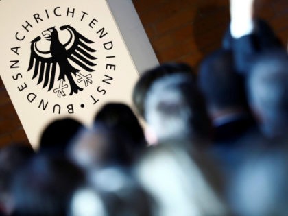 The logo of the German Federal Intelligence Agency (BND) is pictured during the 60th anniv