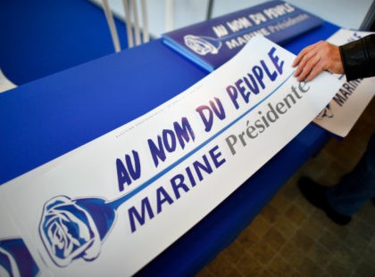LYON, FRANCE - FEBRUARY 04: Election campaign material at the launch of the Marine Le Pen