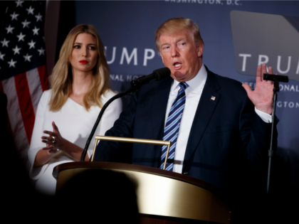 Ivanka Trump listens as Republican presidential candidate Donald Trump speaks during the g