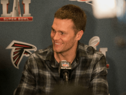Tom Brady of the New England Patriots answers questions during Super Bowl LI media availab