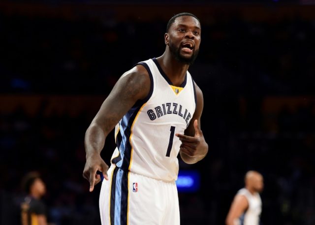 Lance Stephenson of the Memphis Grizzlies reacts after his foul during the first half agai