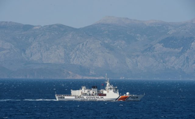 A Turkish coast guard ship patrols on the Aegean Sea, off the Turkish coast