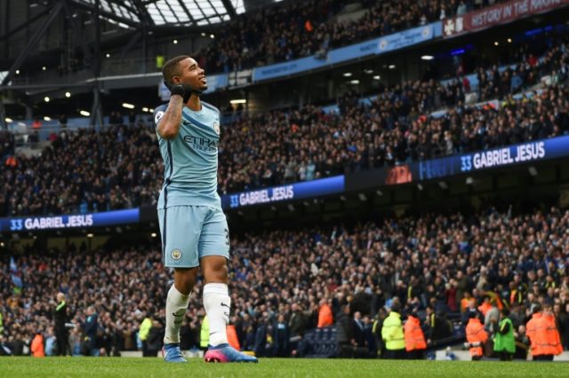 Manchester City's striker Gabriel Jesus celebrates after scoring at the Etihad Stadium in