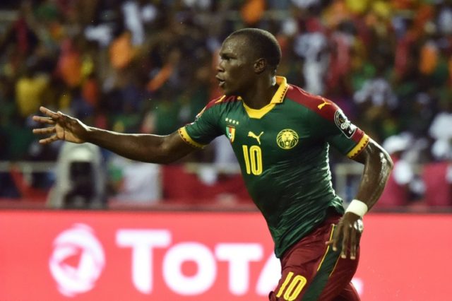 Cameroon's forward Vincent Aboubakar celebrates after scoring the team's second goal in Li