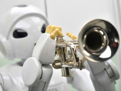 A robot produced by the Toyota Motor Corporation called 'Harry Trumpet -Player Robot' Japan 2005 is on view at the ROBOT exhibition at the Science Museum in London on February 7, 2017