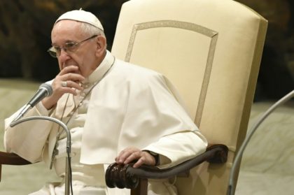 Pope Francis looks on during a general audience at the Paul VI Audience Hall at the Vatica