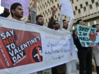 Pakistani men protest against Valentine's Day celebrations in Karachi on February 12, 2017