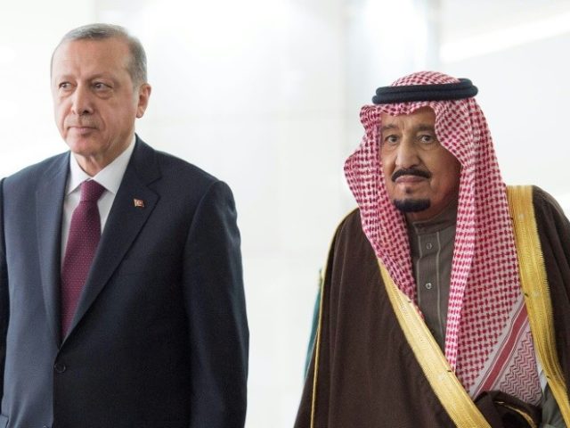 Saudi King Salman bin Abdulaziz (right) held talks with Turkish President Recep Tayyip Erdogan in Riyadh on February 14, 2017