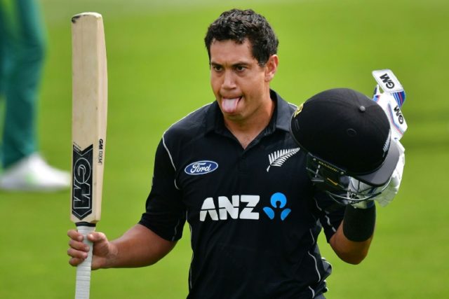 New Zealand's Ross Taylor celebrates 100 runs during their second ODI match against South