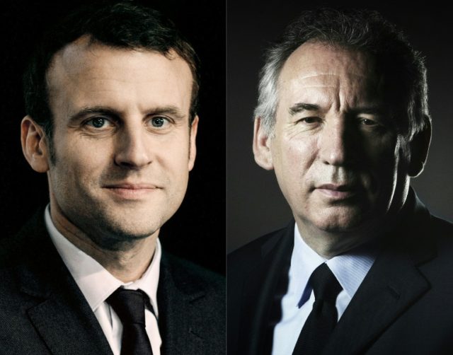 The leader of France's MoDem centrist party Francois Bayrou (R) and "En Marche" party pre