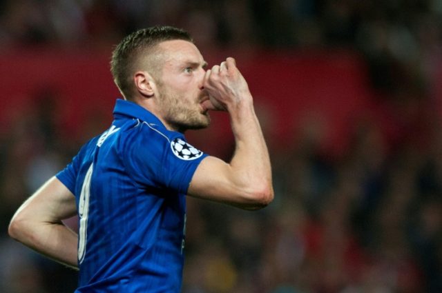 Leicester City's forward Jamie Vardy celebrates after scoring during their UEFA Champions