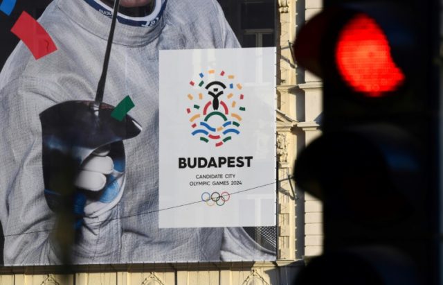 A poster advertising Budapest's bid to host the 2024 Olympic Games is seen in January 2017