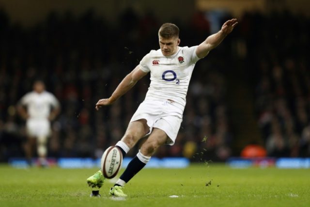 England's centre Owen Farrell kicks a penalty on February 11, 2017