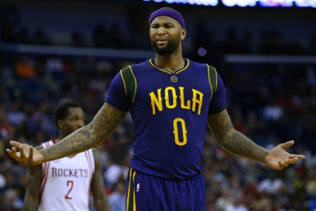 DeMarcus Cousins of the New Orleans Pelicans reacts during the second half of their NBA ga