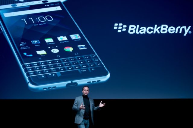 TCL Communcation's CEO Nicolas Zibell presents the new BlackBerry KEYone phone at the Mobi