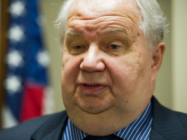 Sergey Kislyak, Russia's ambassador to the US speaks with reporters following his add