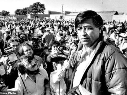 FILE - In this March 7, 1979, file photo, United Farm Workers President Cesar Chavez talks to striking Salinas Valley farmworkers during a large rally in Salinas, Calif. California and several other states will honor Cesar Chavez on Friday, March 31, 2017, by closing schools and state offices. It’s the …