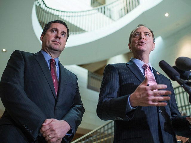 UNITED STATES - MARCH 2: Rep. Adam Schiff, D-Calif., right, ranking member of the House Permanent Select Committee on Intelligence, and Chairman Devin Nunes, R-Calif., conduct a news conference in the Capitol Visitor Center after a briefing with FBI Director James Comey about Russia, March 2, 2017. (Photo By Tom …