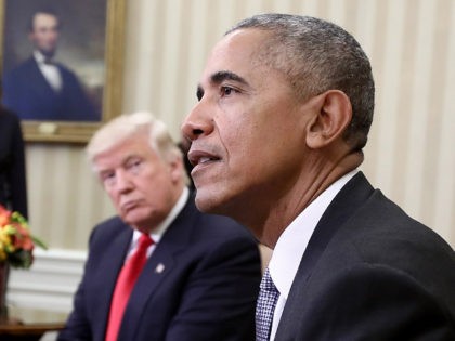WASHINGTON, DC - NOVEMBER 10: President-elect Donald Trump (L) listens as U.S. President Barack Obama speaks during a meeting in the Oval Office November 10, 2016 in Washington, DC. Trump is scheduled to meet with members of the Republican leadership in Congress later today on Capitol Hill. (Photo by Win …