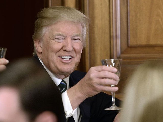 WASHINGTON, DC - MARCH 16: (AFP OUT) U.S. President Donald J. Trump gives a toast during