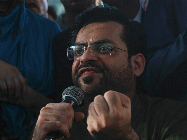 In this August 23, 2016 file photo, Pakistani TV host Amir Liaquat addresses a gathering i