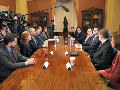WASHINGTON, DC - MARCH 30: House Speaker Paul Ryan (R-WI) (R) participates in a meeting with leaders of free-market and pro-life organizations to discuss advancing a conservative agenda, on Capitol Hill March 30, 2017 in Washington, DC. (Photo by Mark Wilson/Getty Images)