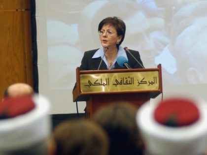 Rima Khalaf Hunaidi, UN assistant secretary-general and director of the regional bureau for Arab states at the UN Development Programme, talks during the launch ceremony of the Arab Human Development Report 'Towards Freedom In The Arab World' in Amman 05 April 2005. Arab countries must step up the pace of …