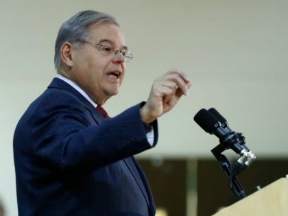 U.S. Sen. Bob Menendez delivers remarks at the Kaplen Jewish Community Center on the Palisades during a rally against recent bomb threats made to jewish centers, Friday, March 3, 2017, in Tenafly, N.J. (AP Photo/Julio Cortez)