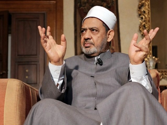 Egyptian grand Imam of al-Azhar, Sheikh Ahmed el-Tayeb speaks during an interview with a j