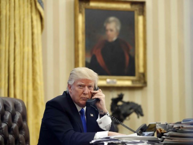 Trump on the phone, Andrew Jackson in the back (Alex Brandon / Associated Press)