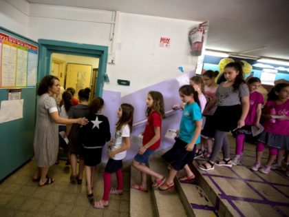 Israeli girls walk into a shelter as a siren is heard as part of an army drill simulating a rocket attack on Israel, in a school in Jerusalem, Tuesday, June 2, 2015. (AP Photo/Sebastian Scheiner)