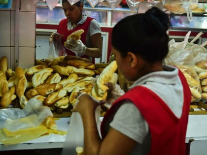 Bread for sale at a bakery in Caracas, on September 14, 2016. Venezuela, which is sitting on the biggest known oil reserves from which it derives 96 percent of its foreign revenues, has been devastated by the drop in prices and is beset with record shortages of basic goods, runaway …