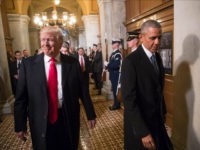 WASHINGTON, DC - JANUARY 20: President-elect Donald Trump, left, and President Barack Obama arrive for Trump's inauguration ceremony at the Capitol in Washington, Friday, Jan. 20, 2017. Trump, a real estate mogul and reality television star who upended American politics and energized voters angry with Washington, will be sworn in …