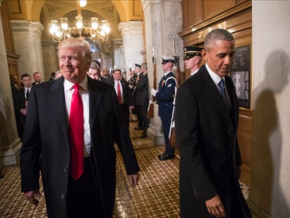WASHINGTON, DC - JANUARY 20: President-elect Donald Trump, left, and President Barack Obama arrive for Trump's inauguration ceremony at the Capitol in Washington, Friday, Jan. 20, 2017. Trump, a real estate mogul and reality television star who upended American politics and energized voters angry with Washington, will be sworn in …