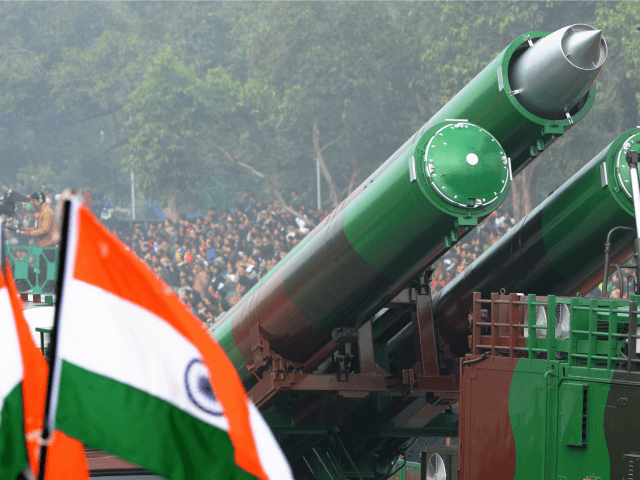 The Indian missle BrahMos Weapon System is watched by spectators during the Republic Day p