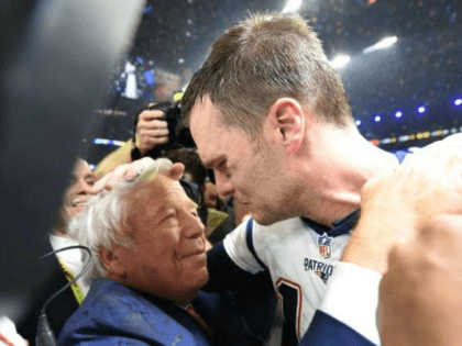 New England Patriots owner Robert Kraft (L) and Tom Brady of the New England Patriots celebrate winning Super Bowl 51 on February 5, 2017