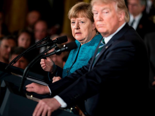 Germany's Chancellor Angela Merkel and US President Donald Trump listen to a question during a press conference in the East Room of the White House March 17, 2017 in Washington, DC. / AFP PHOTO / Brendan Smialowski (Photo credit should read BRENDAN SMIALOWSKI/AFP/Getty Images)