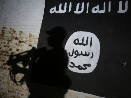A member of the Iraqi forces walks past a mural bearing the logo of the Islamic State (IS)