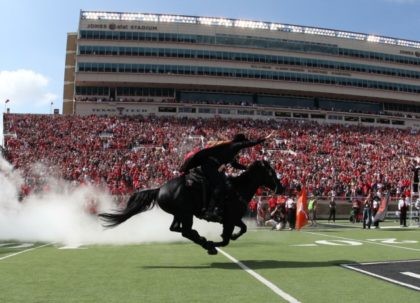 Oct 10, 2015; Lubbock, TX, USA; The Texas Tech Red Raiders Masked Rider enters the field before the game with the Iowa State Cyclones at Jones AT&T Stadium. Mandatory Credit: Michael C. Johnson-USA TODAY Sports