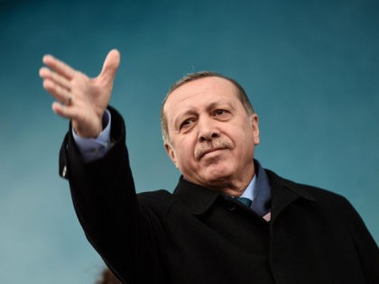 Turkish President Recep Tayyip Erdogan gestures at supporters during a rally in Istanbul o