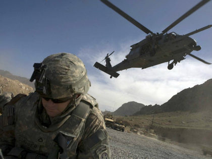 A U.S. soldier with 4th Brigade combat team, 2-508, 82nd parachute infantry Regiment waits for a Black Hawk helicopter to land in the Arghandab valley in Kandahar province, southern Afghanistan, February 20, 2010. REUTERS/Baz Ratner